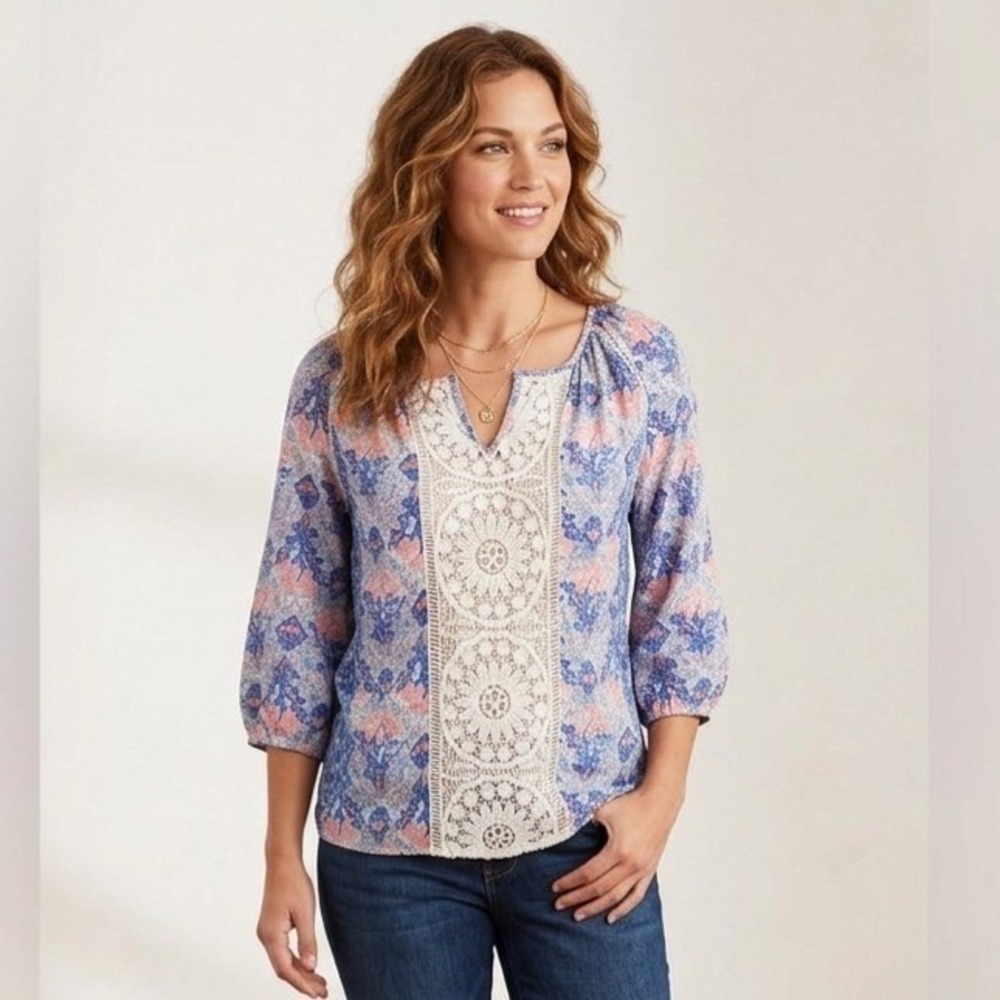 Saint Tropez West Boho Blouse Womens S Blue Pink Floral Medallion‎ Crochet Top
